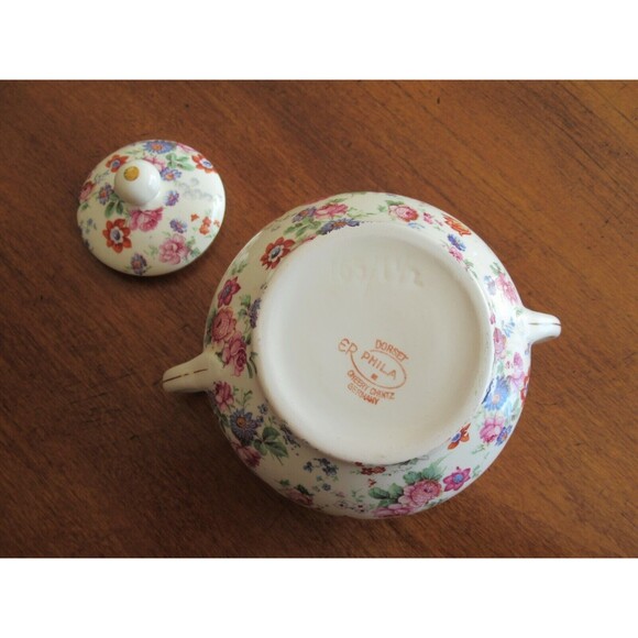 Erphila Dorset Cheery Chintz Sugar Bowl +Lid Vintage China Double Handle Germany - Picture 10 of 12